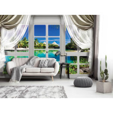Eine Fototapete mit Hawaii-Ansicht durch ein Fenster in 3D, ideal für eine tropische Atmosphäre.