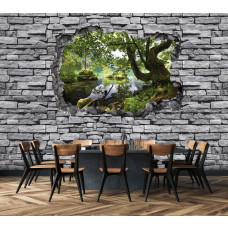 Eine 3D-Fototapete eines Lochs in der Wand mit Waldblick, umgeben von Ziegeln, die in der Küche zu sehen sind.
