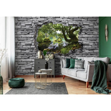 Eine 3D-Fototapete eines Lochs in der Wand mit Waldblick, umgeben von Ziegeln, die im Wohnzimmer zu sehen sind.