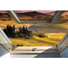 3D-Fototapete mit Blick auf eine weite Landschaft durch ein Dachfenster.