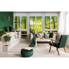 Fototapete mit Waldblick in sonniger grüner Landschaft, geeignet für das Wohnzimmer.