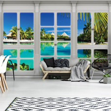 3D Fototapete mit Hawaii Blick durch Fenster im Wohnzimmer.