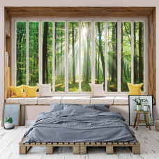3D-Fototapete Blick auf sonnigen Wald aus dem Fenster im Wohnzimmer und Schlafzimmer.