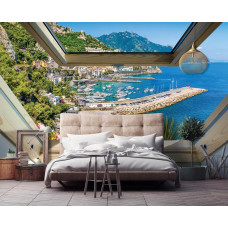 Fototapete mit 3D-Fensterblick auf Meer und Berge, ideal für das Schlafzimmer.
