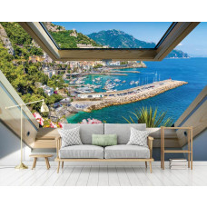 3D-Fototapete mit Fensterblick auf Meer und Berge für das Wohnzimmer.