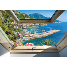 3D-Fototapete mit Meer- und Bergblick durch ein Dachfenster.