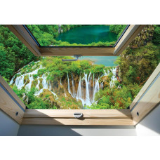 3D-Fototapete mit Blick auf einen beeindruckenden Wasserfall, der durch den Wald fließt.