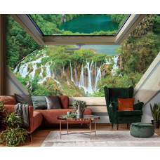 Eine Fototapete mit einem großen Wasserfall für das Wohnzimmer.