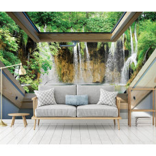 Eine Fototapete mit Blick auf einen großen Wasserfall, perfekt für das Schlafzimmer.
