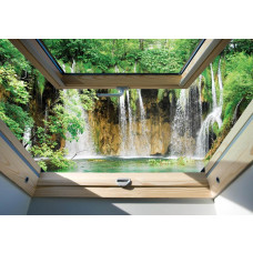 3D-Fototapete mit Blick auf große Wasserfälle, Wasser fließt herunter.