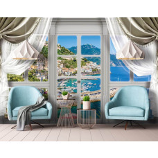 Eine Fototapete mit einem weiten Blick auf Meer und Berge durch ein Fenster, geeignet für das Wohnzimmer.