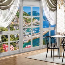 Eine Fototapete mit Blick auf eine Stadt durch ein Fenster, ideal für eine moderne Küche.