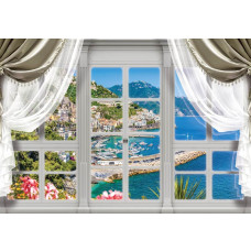 Fototapete einer Stadt mit Blick auf Meer und Berge durch ein Fenster in 3D-Perspektive.
