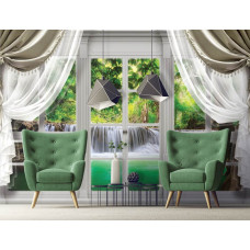 Eine Fototapete mit einem Wasserfall Blick durch ein Fenster in 3D-Effekt, perfekt für ein ruhiges Schlafzimmer.