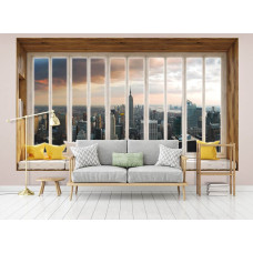 Fototapete New York durch Fenster mit Wolkenkratzern und Stadt Amerika im Wohnzimmer.