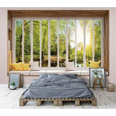 3D Perspektive Fototapete Blick durch Fenster auf sonnigen Wald im Schlafzimmer.