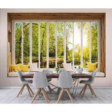 3D Perspektive Fototapete Blick durch Fenster auf sonnigen Wald im Wohnzimmer.