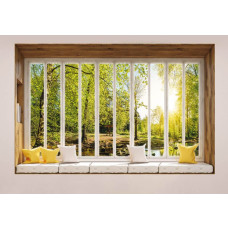 Blick durch Fenster auf sonnigen Wald mit Sonnenstrahlen auf 3D Fototapete.