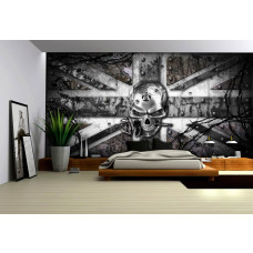 Eine Alchemie-Fototapete mit englischer Flagge und Totenkopf für das Schlafzimmer.