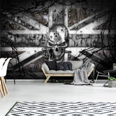 Eine Alchemie-Fototapete mit englischer Flagge und Totenkopf für das Wohnzimmer.
