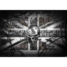 Alchemie-Fototapete mit englischer Flagge und Totenkopf, hart und mystisch.