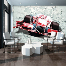 Eine Fototapete mit einem roten Formel-1-Auto für das Wohnzimmer.