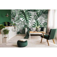 Eine botanische Fototapete mit Dschungelblättern und einem Dschungel-Zimmer-Stil auf dem Display im Wohnzimmer.