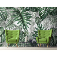 Eine botanische Fototapete mit Dschungelblättern und einem Dschungel-Zimmer-Stil auf dem Display im Wohnzimmer.