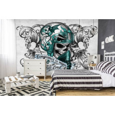 Eine Tapete mit dem Titel "Die Rache ist mein" im Alchemie-Stil mit Totenkopf und Motorradhelm für das Kinderzimmer.