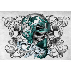 Eine Tapete mit dem Titel "Die Rache ist mein" mit Totenkopf und Motorradhelm, perfekt für Schlafzimmer.