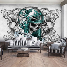 Eine Tapete mit dem Titel "Die Rache ist mein" im Alchemie-Stil mit Totenkopf und Motorradhelm für das Wohnzimmer.