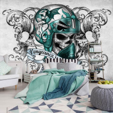 Eine Tapete mit dem Titel "Die Rache ist mein" im Alchemie-Stil mit Totenkopf und Motorradhelm.
