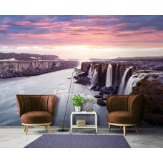 Fototapete mit Wasserfall bei Sonnenuntergang mit Ansicht für Wohnzimmer.