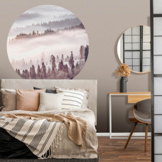 Ein Wandkreis mit einem rustikalen Look eines nebligen Waldes, perfekt für ein Schlafzimmer.