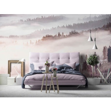 Fototapete mit Bäumen in einer nebligen Waldlandschaft im Schlafzimmer.