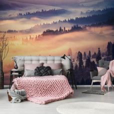 Eine Fototapete mit einer nebligen Waldlandschaft und Bäumen, zu sehen im Wohnzimmer und Schlafzimmer.