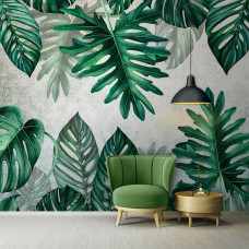 Eine botanische Tapete mit Dschungelblättern und Dschungelzimmer-Stil, um im Wohnzimmer zu sehen.
