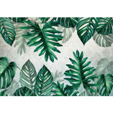 Botanische Blätter Fototapete mit Dschungel-Thema, geeignet für ein grünes und verspieltes Kinderzimmer oder Dschungelzimmer.