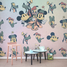 Eine Fototapete im Retro-Stil mit den Disneyfiguren Donald Duck und Mickey Mouse für das Kinderzimmer.