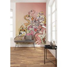 Eine Fototapete mit eleganten Flamingos in einer tropischen Landschaft.