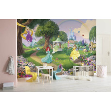 Eine Fototapete von Disney-Prinzessinnen mit einem Regenbogen, perfekt für ein Kinderzimmer.