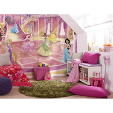 eine Fototapete mit Disney-Prinzessinnen auf einem magischen Ball im Kinderzimmer.