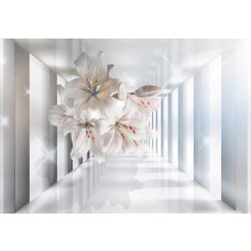 Fototapete mit 3D Effekt Tunnel und Blumen in Grau, surrealistische Farben und geometrische Formen.