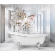 Fototapete mit 3D Effekt Tunnel und Blumen in Grau, surrealistische Farben und geometrische Formen.