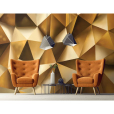 Eine Fototapete mit einer abstrakten 3D-Form in goldenen Farben, ideal für ein modernes Wohnzimmer.