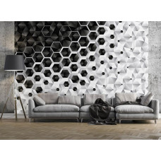 Fototapete mit einem 3D Muster aus silbernen Sechsecken, geometrisch und modern im Wohnzimmer.