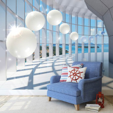 Eine Fototapete mit einem 3D-Tunnel mit Blick aufs Meer und glitzernden Kugeln für das Wohnzimmer.