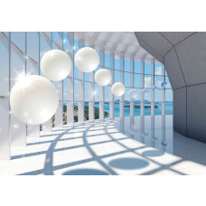 Fototapete mit einem 3D-Tunnel mit Blick aufs Meer, glitzernden Kugeln und abstrakten Formen.