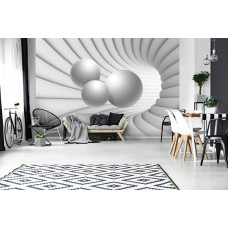 Eine Fototapete mit einem 3D-Tunnel und weißen Kugeln, ideal für einen modernen Raum.