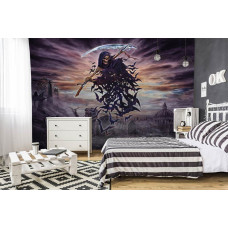 Eine Fototapete mit dem Titel "A Tithe to Hell" mit einem Skelett und Alchemie Thema für das Schlafzimmer.